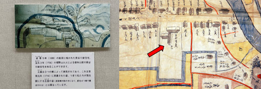 （左）貞享5年（1688）の絵図に描かれた長谷川家住宅 （右）上記絵図を明治9年（1876）に写し書いたもの
